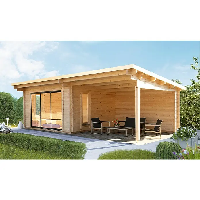 Wolff Finnhaus Gartenhaus Trondheim 70-D XL - 870 x 450 cm, Holz, 29,9 m², Wandstärke: 70 mm, Mit rechtsseitigem Anbau - Stimmungsaufnahme