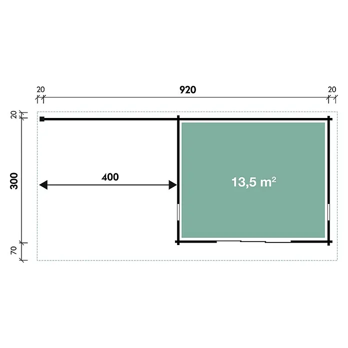 Wolff Finnhaus Gartenhaus Trondheim 70-D XL - 870 x 450 cm, Holz, 29,9 m², Wandstärke: 70 mm, Mit linksseitigem Anbau - Skizze