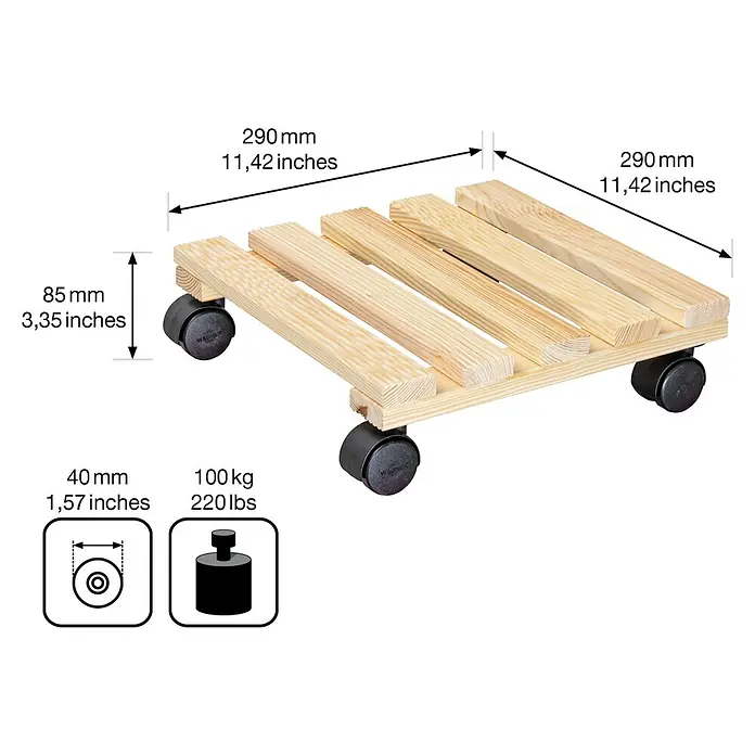 Gardol Soporte con ruedas para plantas Andaluz - 29 x 29 cm, Natural, Carga máx.: 100 kg - Dibujo técnico
