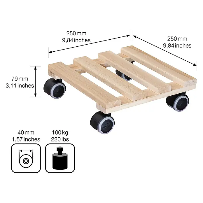 Gardol Soporte con ruedas para plantas Classic Soft - Cuadrado, Haya, Carga máx.: 100 kg - Dibujo técnico