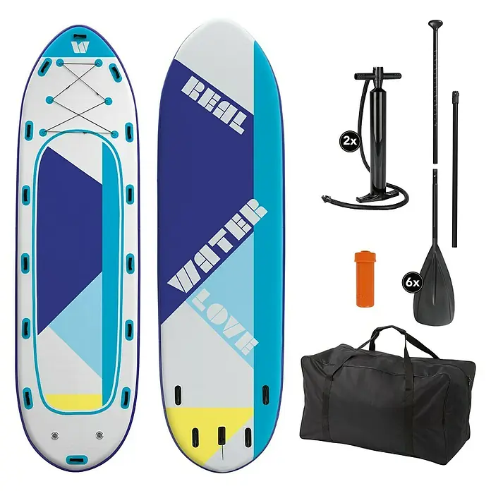 MAXXMEE SUP-Board-Set Design für 6 Personen - L x B x H: 550 x 152 x 20 cm, Geeignet für: 6 Personen, Nutzlast: 650 kg, Aufblasbar, Blau/Weiß - Vorderansicht