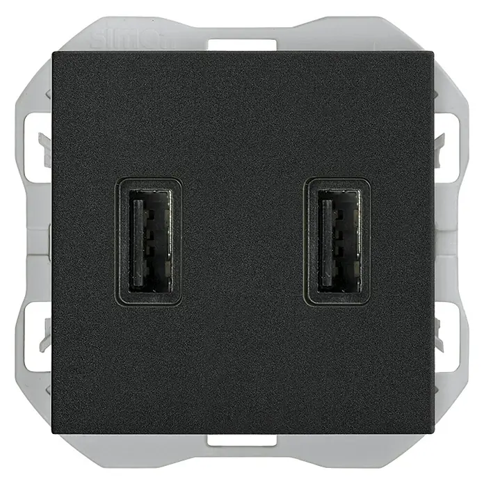 Simon 270 Toma USB - Negro, 2 conexiones, Plástico, En pared - Vista frontal