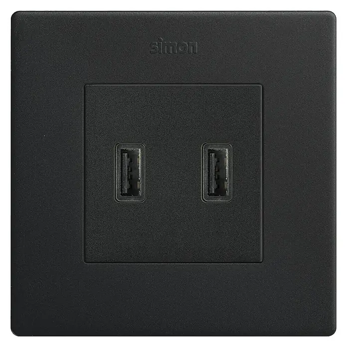 Simon 270 Toma USB - Negro, 2 conexiones, Plástico, En pared - Vista frontal