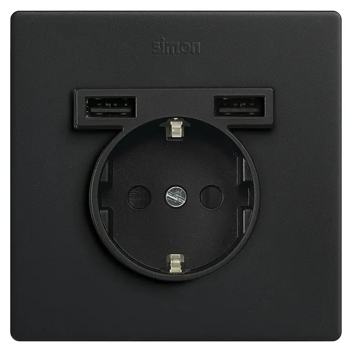 Simon 270 Enchufe con USB - Negro, Mate, 16 A - Vista frontal