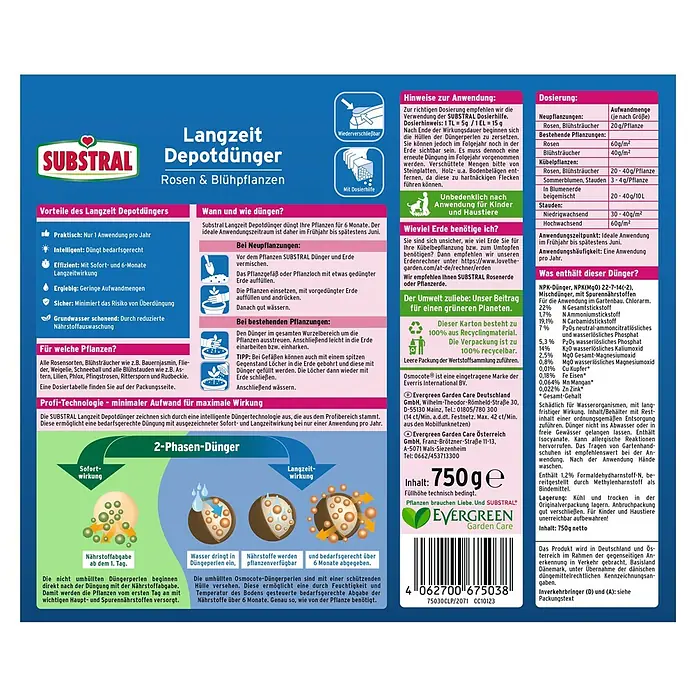Substral Langzeitdünger Rosen & Blühpflanzen - 750 g, Inhalt ausreichend für ca.: 18 m² - Verpackung