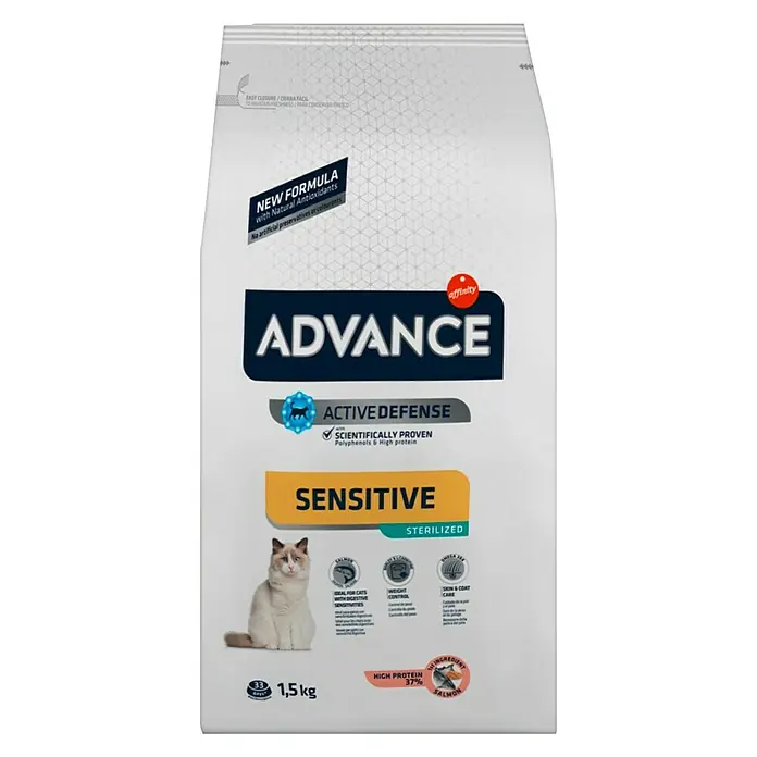 Affinity Advance Pienso seco para gatos Sensitive Esterilizados - 1,5 kg, 1 años - 10 años, Salmón - Vista frontal