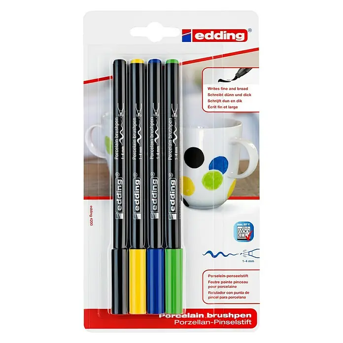 Edding Porseleinstift - Zwart/geel/lichtblauw/lichtgroen, Streepdikte: 1 mm - 4 mm - Vooraanzicht