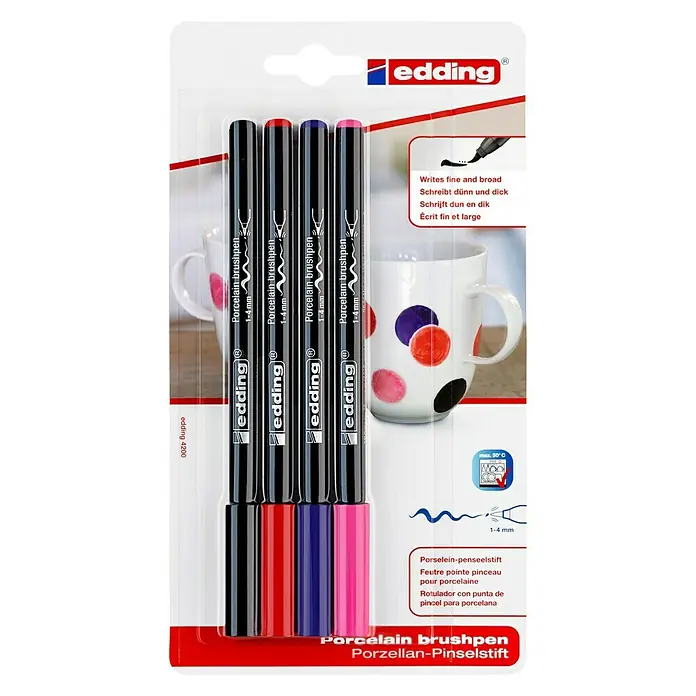 Edding Porseleinstift - Zwart/rood/violet/roze, Streepdikte: 1 mm - 4 mm - Vooraanzicht