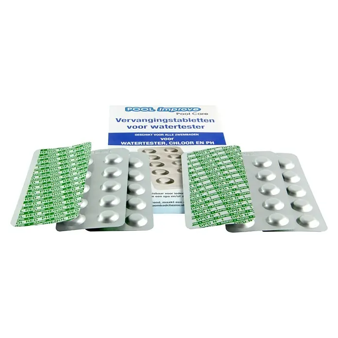 Pool Improve Chloor- en pH-tabletten, navulverpakking - 2 x 30 Testtabletten - Diagonaal zicht