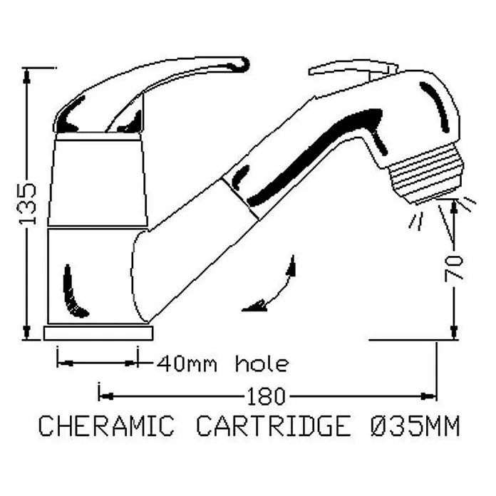 Grifo de lavabo monomando - L x Al: 180 x 135 mm, Extensible, Plateado - Dibujo técnico