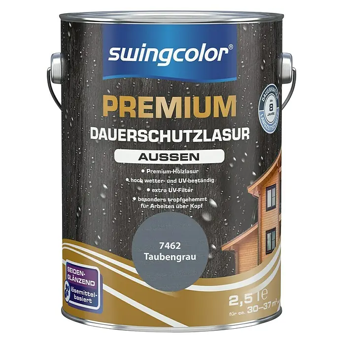 swingcolor Premium Dauerschutzlasur - Taubengrau, 2,5 l, Seidenglänzend, Lösemittelbasiert - Vorderansicht