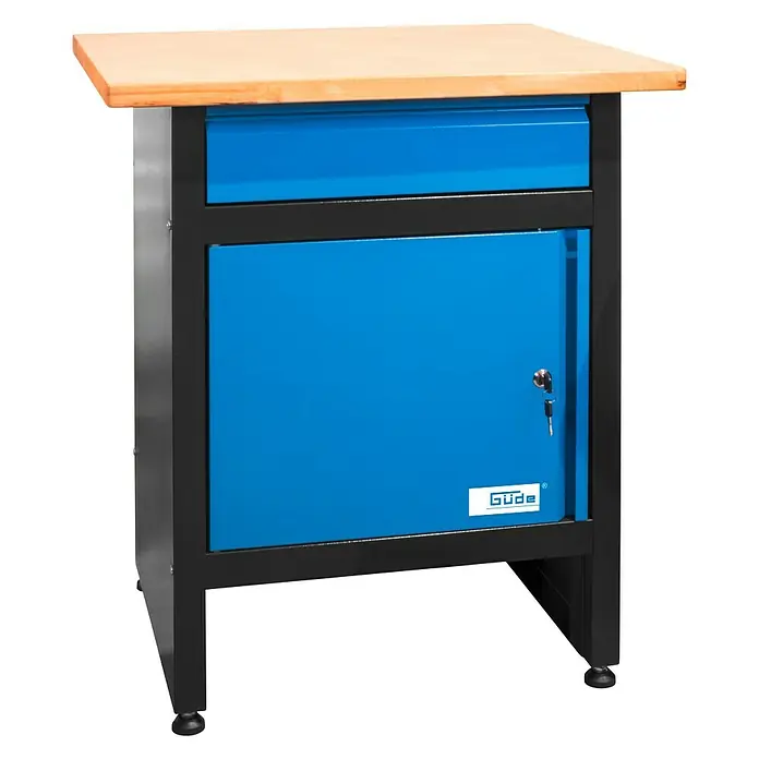 Güde Werkbank GW 1/1 S - L x B x H: 60 x 60 x 85 cm, Anzahl Schubladen: 1 Stk., Blau/Schwarz/Braun - Diagonale Ansicht