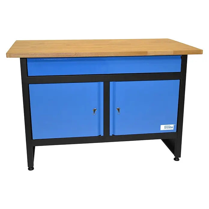 Güde Werkbank GW 2T - L x B x H: 120 x 60 x 85 cm, Anzahl Schubladen: 1 Stk., Blau/Schwarz/Braun - Diagonale Ansicht