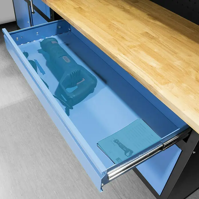 Güde Werkbank GW 2T - L x B x H: 120 x 60 x 85 cm, Anzahl Schubladen: 1 Stk., Blau/Schwarz/Braun - Detailaufnahme