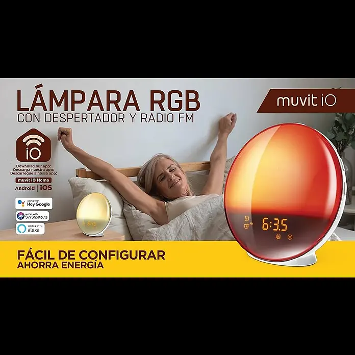 Muvit Luz de noche despertador RGB - Blanco, Ø x L: 16,5 mm x 7 cm - Ambient lamp with wake up light (EN), Alexa, hey Google and Siri compatible