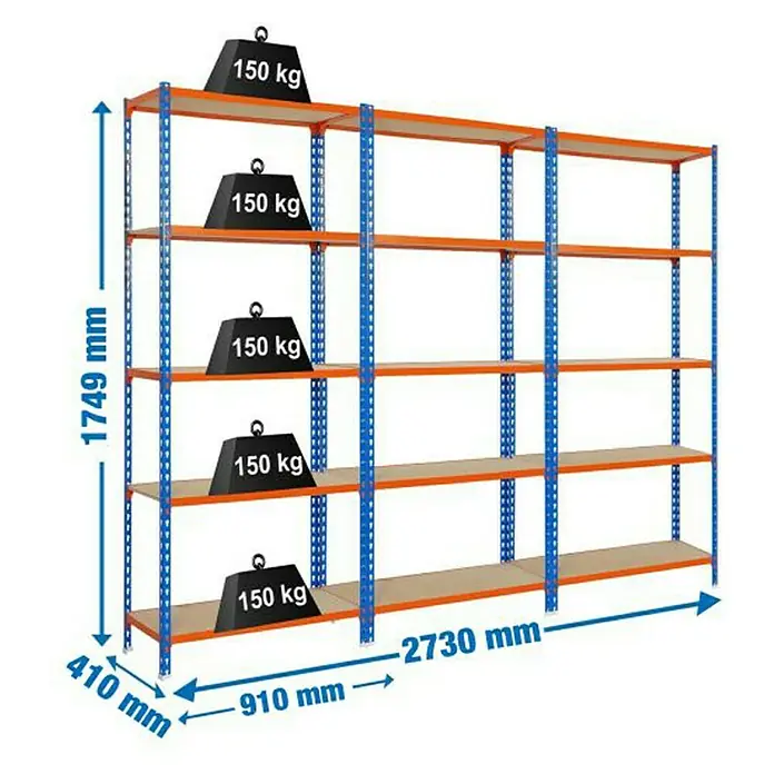 Simonrack Maderclick Set de estanterías Metal - L x An x Al: 410 x 2.730 x 1.749 mm, Capacidad de carga: 150 kg/balda, Azul/Naranja, 3 ud. - Dibujo técnico