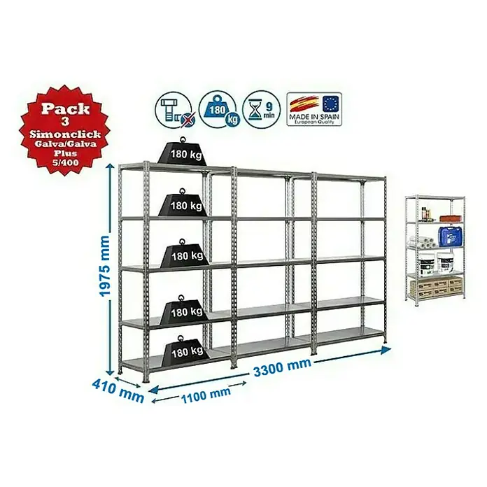 Simonrack Simonclick Set de estanterías Plus - L x An x Al: 410 x 3.300 x 1.975 mm, Capacidad de carga: 180 kg/balda, Gris antracita, 3 ud. - Dibujo técnico