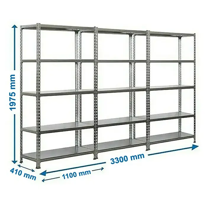 Simonrack Simonclick Set de estanterías Plus - L x An x Al: 410 x 3.300 x 1.975 mm, Capacidad de carga: 180 kg/balda, Gris antracita, 3 ud. - Dibujo técnico