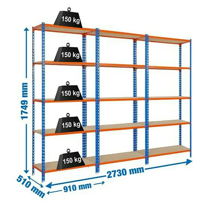 Simonrack Maderclick Set de estanterías Metal - L x An x Al: 510 x 2.730 x 1.749 mm, Capacidad de carga: 150 kg/balda, Azul/Naranja, 3 ud. - Dibujo técnico