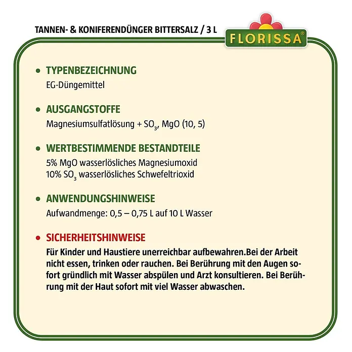 Florissa Tannen- & Koniferendünger Bittersalz - 3 l, Inhalt ausreichend für ca.: 85 m² - Skizze