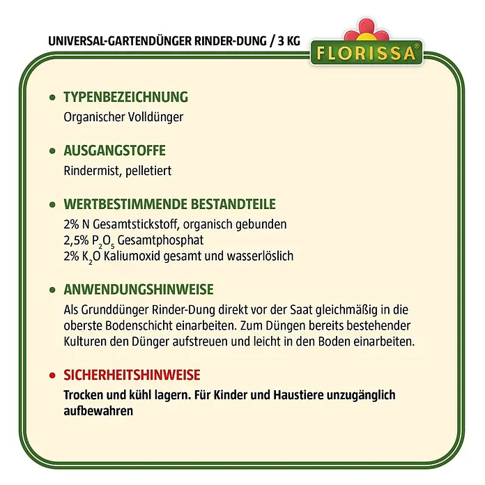 Florissa Universal-Gartendünger Rinder-Dung - 3 kg - Skizze
