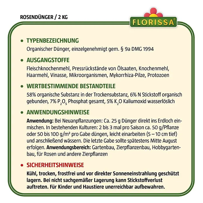 Florissa Rosendünger - 2 kg, Inhalt ausreichend für ca.: 25 m² - Skizze