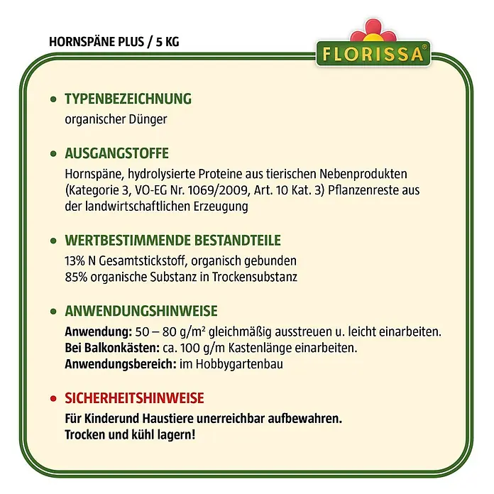 Florissa Bio-Hornspäne Plus - 5 kg, Inhalt ausreichend für ca.: 100 m² - Skizze