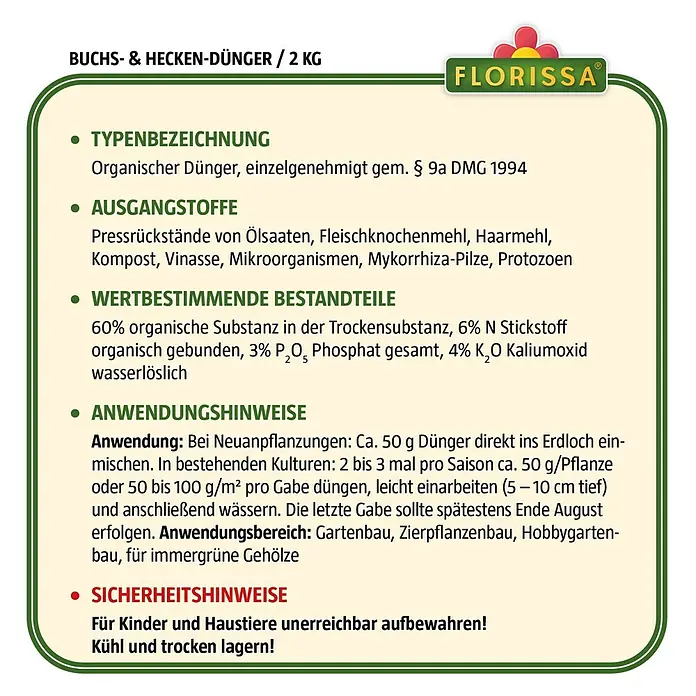 Florissa Buchs- & Hecken-Dünger - 2 kg, Inhalt ausreichend für ca.: 20 m² - Skizze