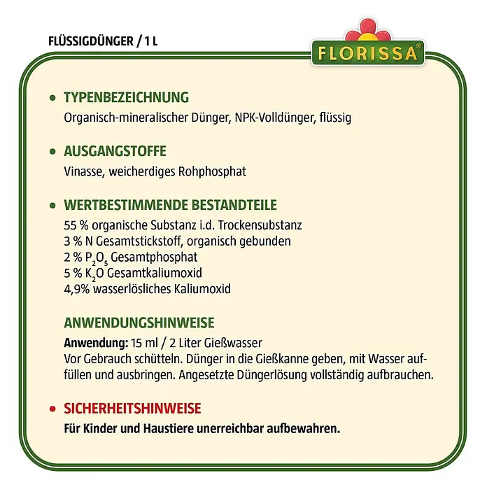 Florissa Flüssigdünger - 1 l, Inhalt ausreichend für ca.: 134 l Gießwasser - Skizze