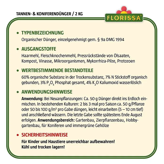Florissa Tannen- & Koniferendünger - 2 kg, Inhalt ausreichend für ca.: 20 m² - Skizze