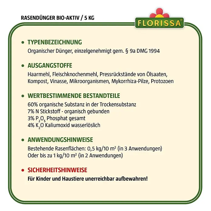 Florissa Rasendünger Bio-Aktiv - 5 kg, Inhalt ausreichend für ca.: 100 m² - Skizze