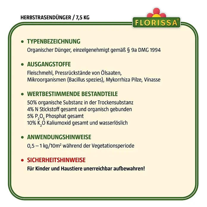 Florissa Herbstrasendünger - 7,5 kg, Inhalt ausreichend für ca.: 150 m² - Skizze