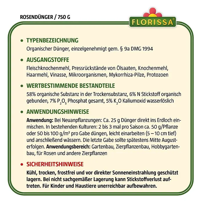 Florissa Rosendünger - 750 g, Inhalt ausreichend für ca.: 7,5 m² - Skizze