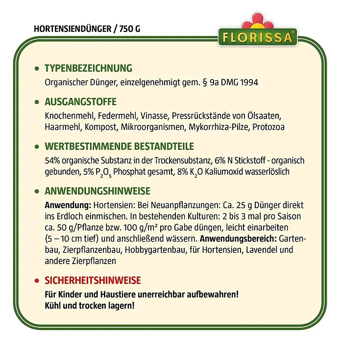 Florissa Hortensiendünger - 750 g, Inhalt ausreichend für ca.: 15 m² - Skizze