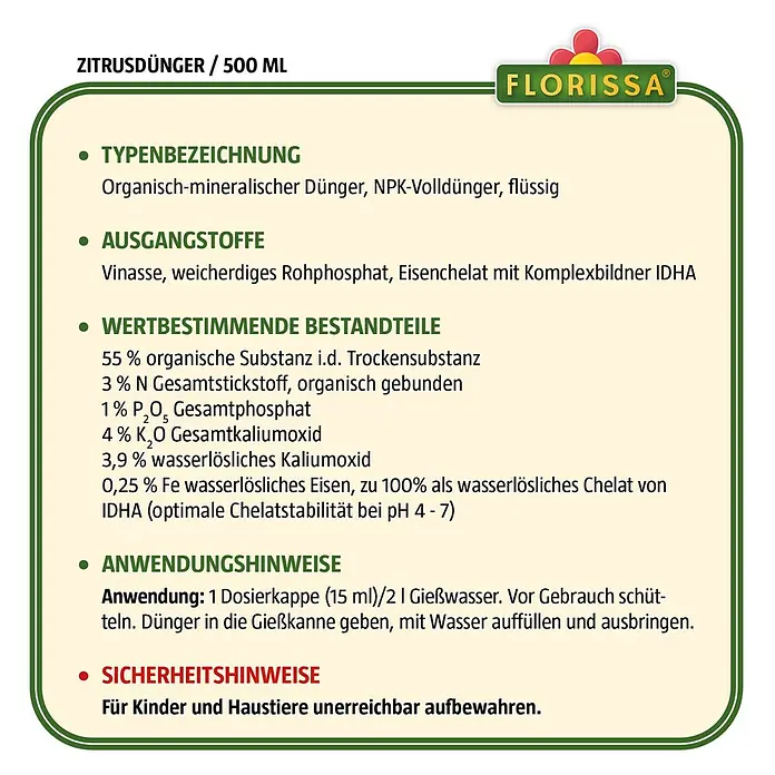 Florissa Zitrusdünger - 500 ml, Inhalt ausreichend für ca.: 134 l Gießwasser - Skizze