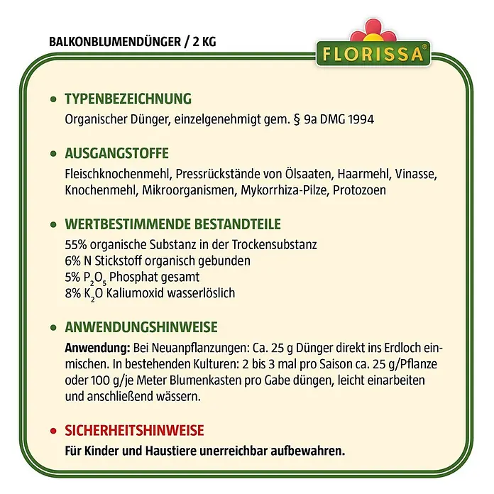 Florissa Balkonblumendünger - 2 kg, Inhalt ausreichend für ca.: 2,8 m² - Skizze