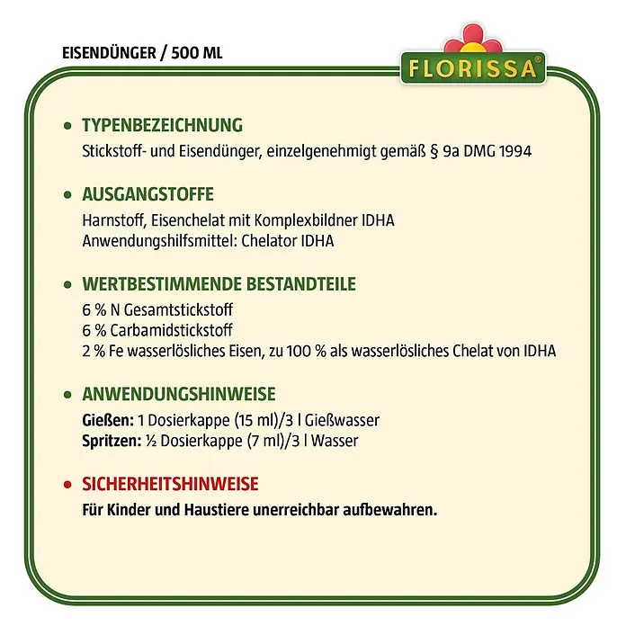 Florissa Eisendünger - 500 ml, Inhalt ausreichend für ca.: 100 l Gießwasser - Skizze