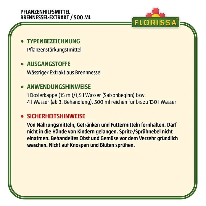 Florissa Pflanzenhilfsmittel Brennessel-Extrakt - 500 ml, Inhalt ausreichend für ca.: 130 l - Skizze