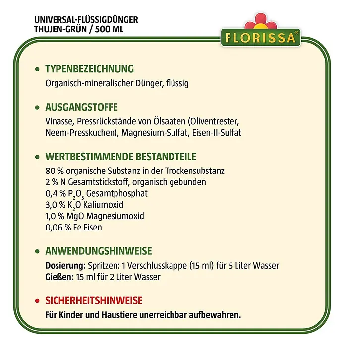 Florissa Universal-Flüssigdünger Thujen-Grün - 500 ml - Skizze