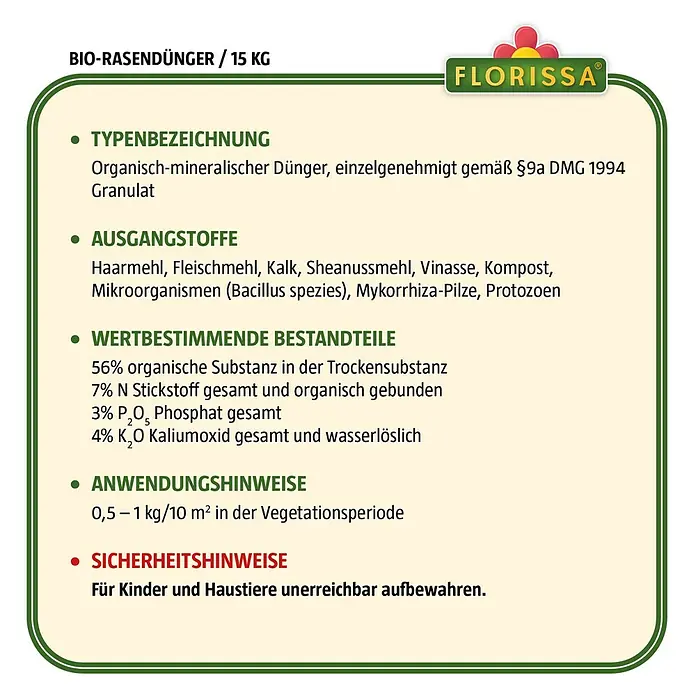 Florissa Bio-Rasendünger - 15 kg, Inhalt ausreichend für ca.: 300 m² - Skizze