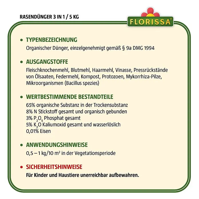Florissa Rasendünger 3 in 1 - 5 kg, Inhalt ausreichend für ca.: 100 m² - Skizze