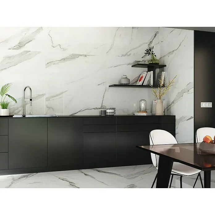 Feinsteinzeugfliese Torino Bianco - 60 x 120 cm, Weiß/Grau, Glänzend - Stimmungsaufnahme