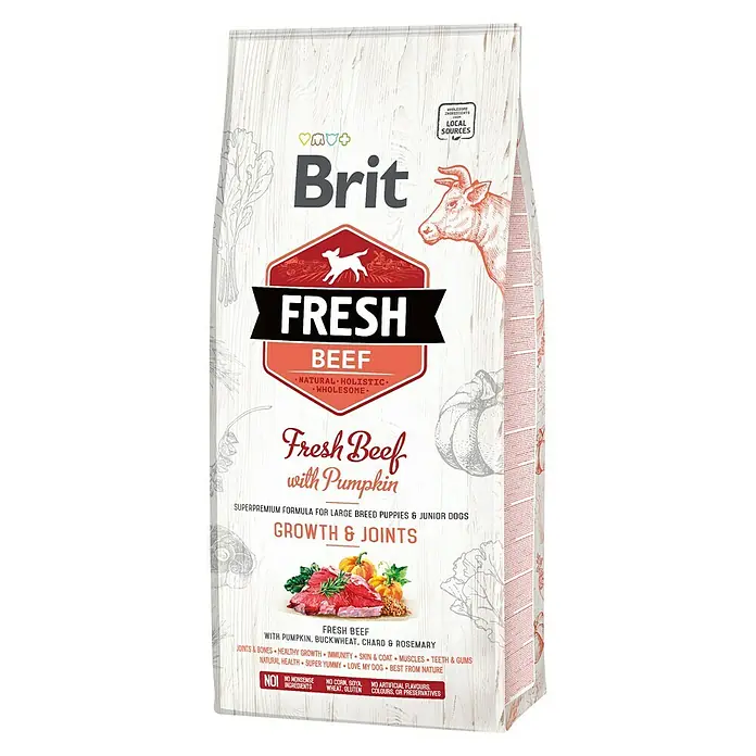 Brit Fresh Pienso seco para perros Junior L - 12 kg, Ternera y calabaza - Vista angular