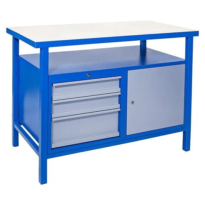 Güde Werkbank P 1200 SLT - L x B x H: 119 x 60 x 85 cm, Anzahl Schubladen: 3 Stk., Blau/Grau - Diagonale Ansicht