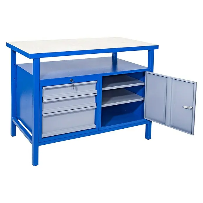 Güde Werkbank P 1200 SLT - L x B x H: 119 x 60 x 85 cm, Anzahl Schubladen: 3 Stk., Blau/Grau - Diagonale Ansicht