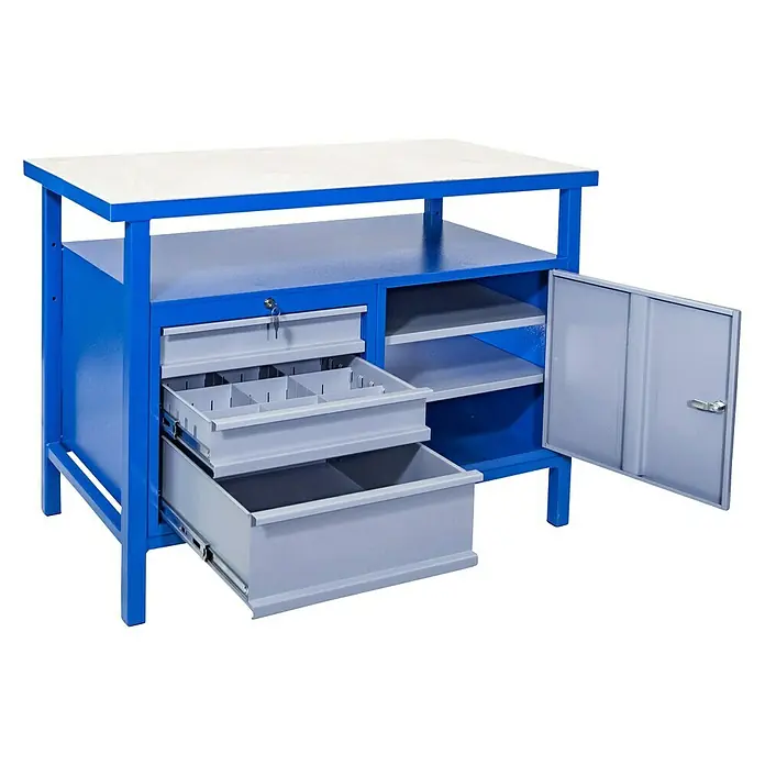 Güde Werkbank P 1200 SLT - L x B x H: 119 x 60 x 85 cm, Anzahl Schubladen: 3 Stk., Blau/Grau - Diagonale Ansicht