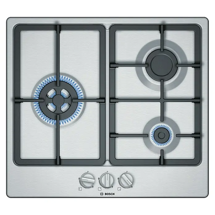 Bosch Placa de cocción de gas PGC6B5B90 - Zonas de cocción: 3 ud., Gas natural, Cierre de seguridad, Acero inoxidable - Vista descendente