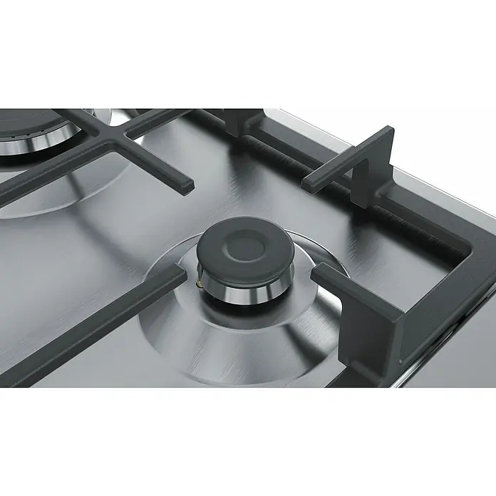 Bosch Placa de cocción de gas PGC6B5B90 - Zonas de cocción: 3 ud., Gas natural, Cierre de seguridad, Acero inoxidable - Primer plano