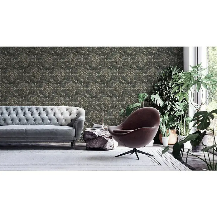 AS Creation Vliestapete Damask - Schwarz/Gold, 10,05 x 0,53 m - Stimmungsaufnahme