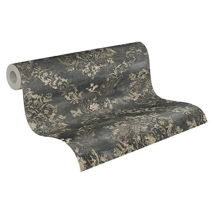 AS Creation Vliestapete Damask - Schwarz/Gold, 10,05 x 0,53 m - Diagonale Ansicht